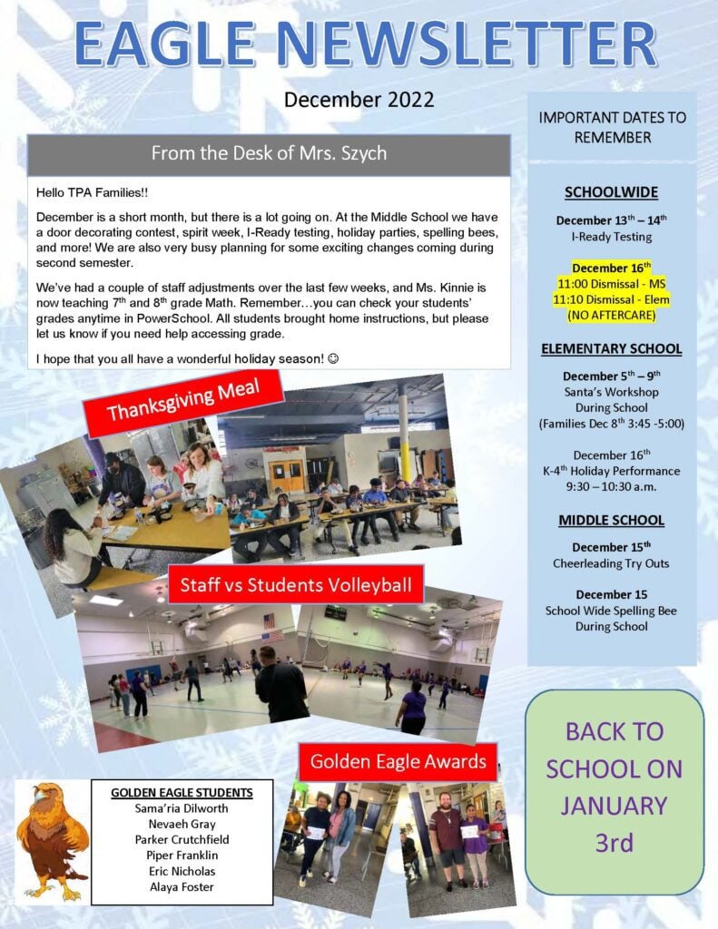 December 2022 school newsletter with event photos and important dates.
