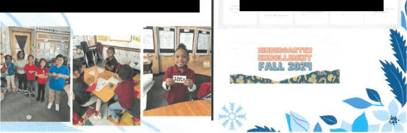Kindergarten enrollment flyer with photos of children in a classroom.
