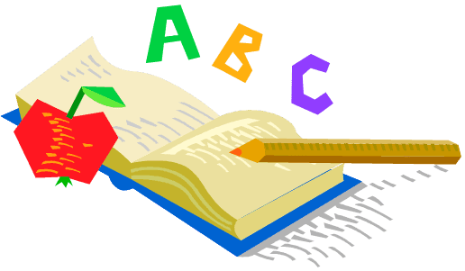 Illustration of an open book, apple, pencil, and letters A, B, C.